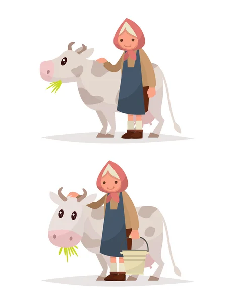 Bir inek ile set büyükanne. Resimde rustik süt ürünleri. — Stok Vektör