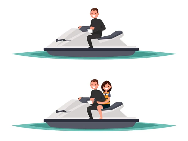 Set of man on the jet ski one and  with woman. Vector illustrati — Stock Vector