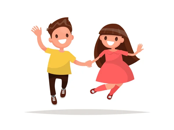 Jongen en meisje hand in hand zijn springen. Vectorillustratie — Stockvector