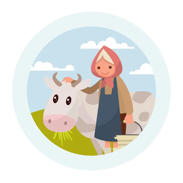Бабушка с коровой. Эмблема молочных продуктов. Векторное заболевание — стоковый вектор