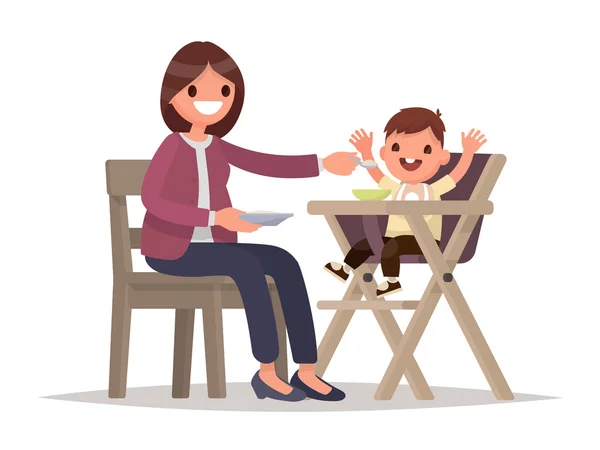 Кормление детей. Мать кормит ребенка, сидящего в детском кресле. V — стоковый вектор