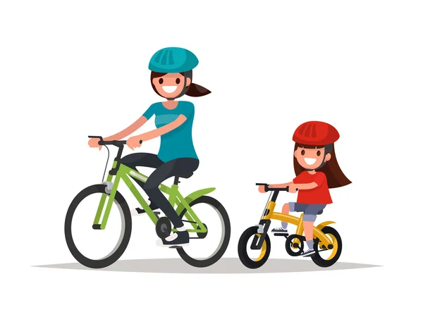 Andar de bicicleta. Mãe e filha andam de bicicleta. Vector illustrati — Vetor de Stock