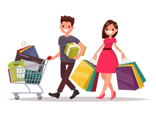 Familia feliz pareja con compras. Hombre con una cesta de comestibles y — Vector de stock