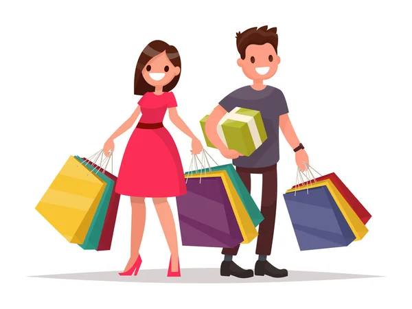 Casal de família feliz com compras. Homem e mulher com sacos. Grande —  Vetores de Stock