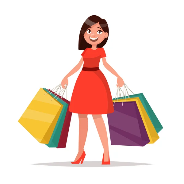 Happy shopper. The girl holds packages. Big Sale. Vector illustr — Stock Vector