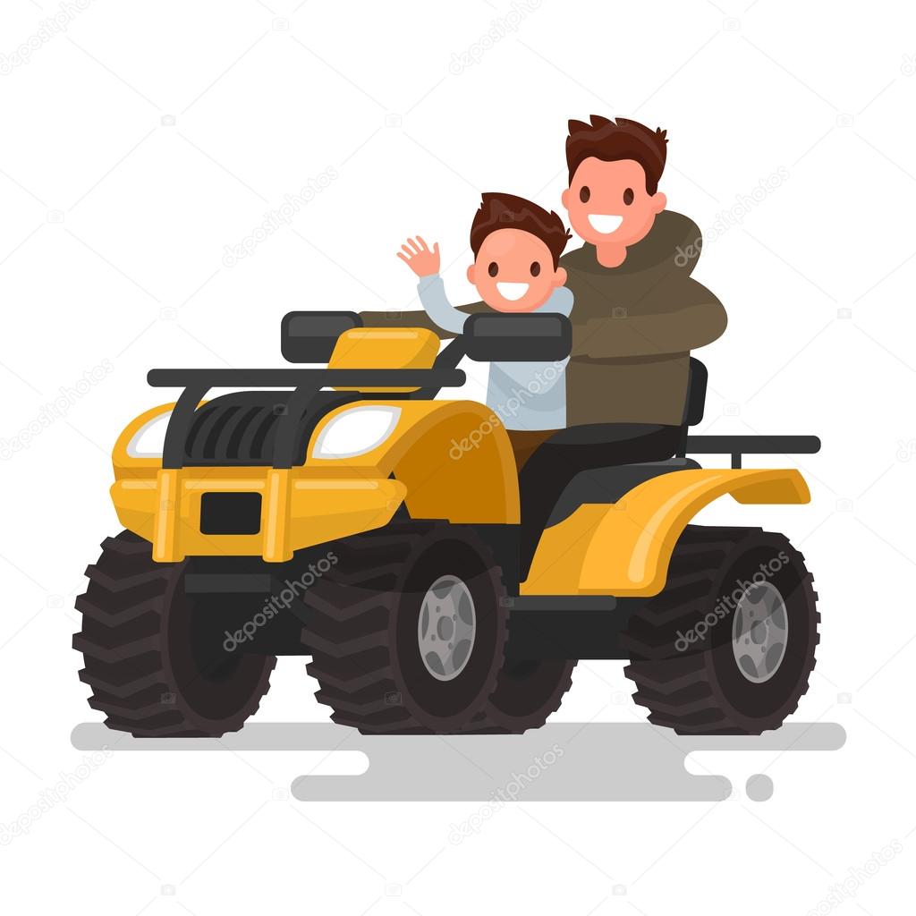 Active holidays. Quad biking. Man and boy are riding a quad bike