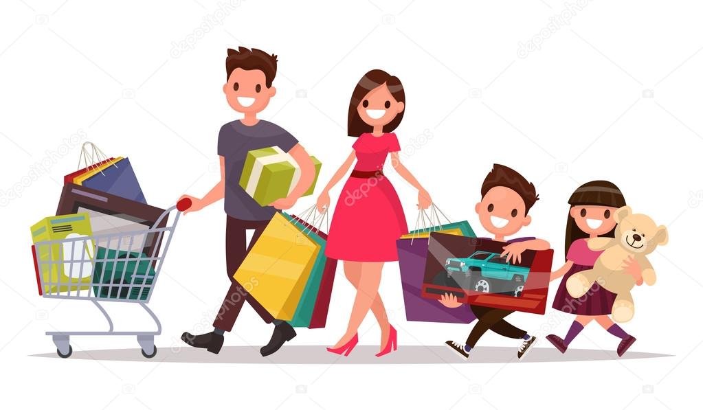 Happy family with shopping. Big discount. Purchasing of goods an