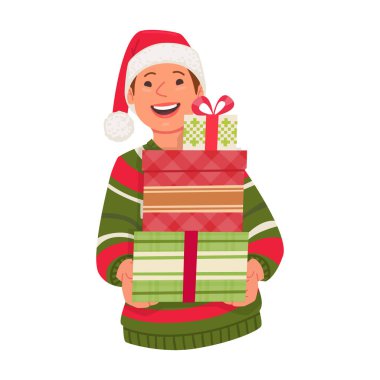 Çirkin süveter giyen sevimli mutlu kadın Noel hediyelerini elinde tutuyor. Mutlu noeller. Düz biçimli vektör illüstrasyonu