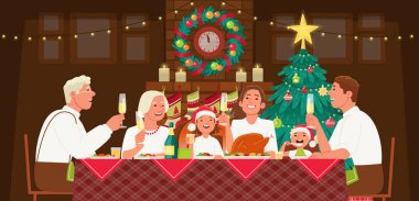 Büyük aileler Noel 'i ya da yeni yılı kutlar. Büyükanne ve büyükbaba, anne, baba ve çocuklar masada oturup yemek yiyorlar. Şöminesi ve Noel ağacı olan rahat bir ev. Düz biçimli vektör illüstrasyonu