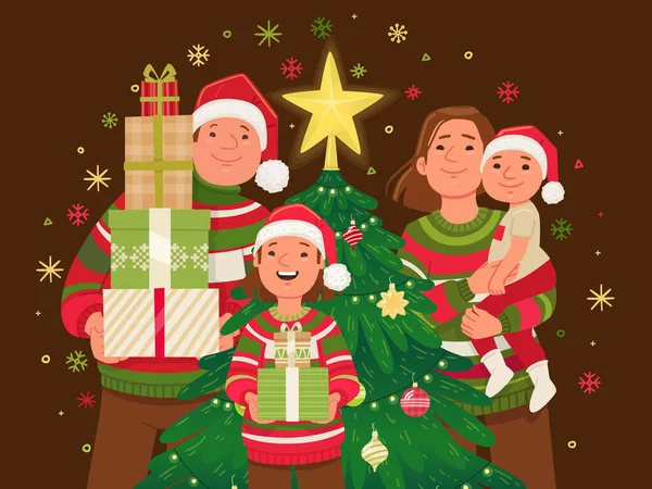 Familia Feliz Celebra Navidad Año Nuevo Padre Madre Hijo Hija — Vector de stock