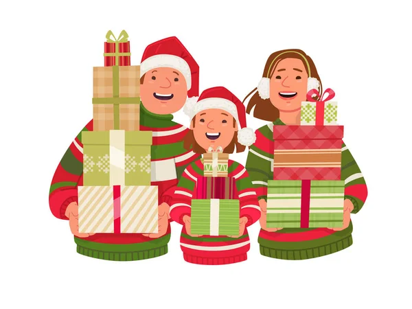 Familia Feliz Con Regalos Navidad Papá Mamá Hija Tienen Cajas — Vector de stock