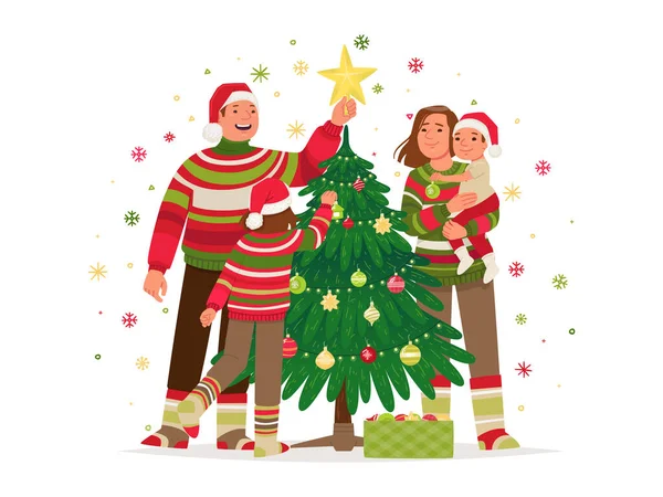 Familia Feliz Decora Árbol Navidad Con Juguetes Guirnaldas Feliz Navidad — Vector de stock