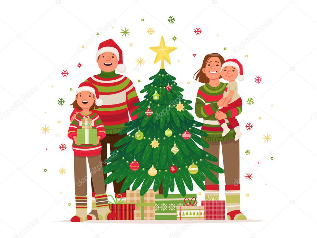 Merry Christmas and Happy New Year. Happy family is standing next to the Christmas tree. Dad, mom and children celebrate the holiday. Vector illustration in flat style