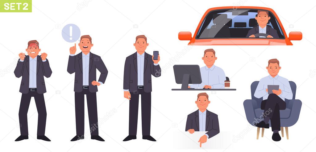 Businessman character set. Man manager in different positions and situations. Person is angry, points to something, drives a car, works at a computer, uses a tablet. Vector illustration in flat style