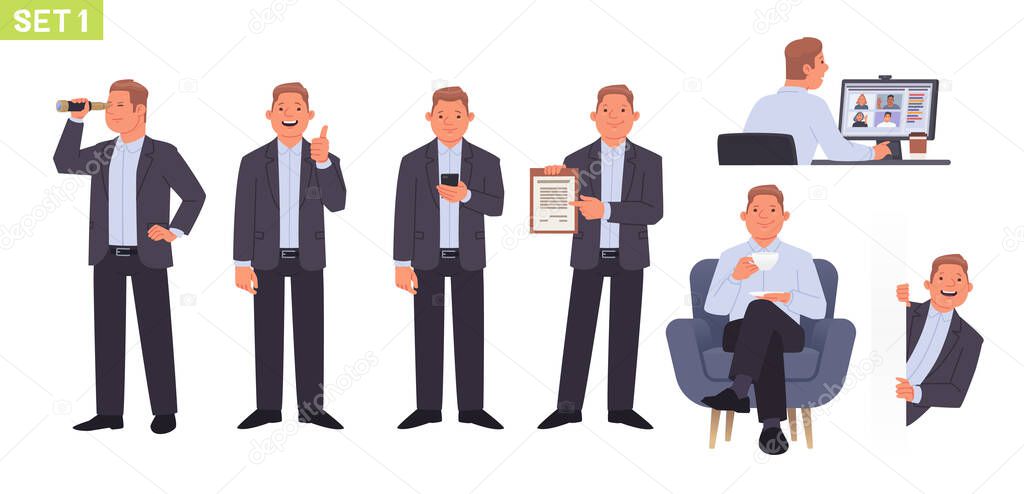 Businessman character set. Man manager in different poses and situations. Videoconference, person drinking tea, looking at phone, searching. Vector illustration in flat style