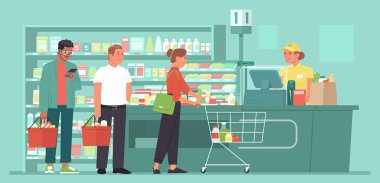 Bir süpermarketin kasasına bak. Müşteriler kuyrukta. Dükkanda sıra olun. Kasiyer alıcılar için ürünleri topluyor. Düz biçimli vektör illüstrasyonu