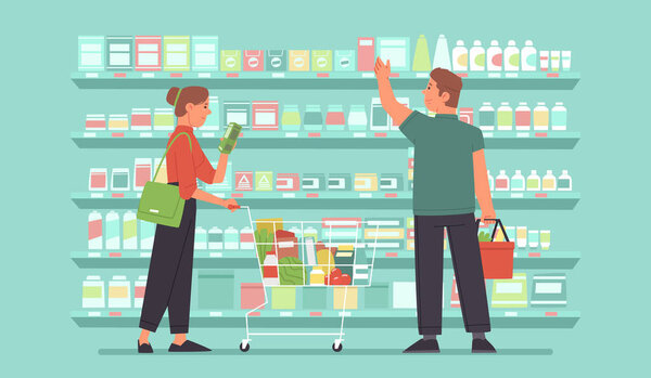 Happy woman and man, shoppers in a grocery market are choosing food on the shelves. Supermarket customers. Vector illustration in flat styl