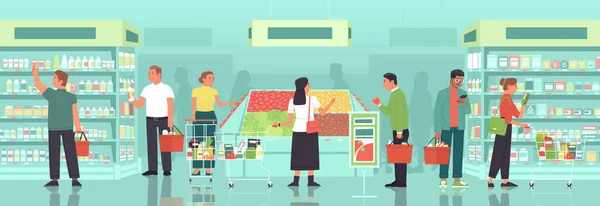 Homens Mulheres Com Cestas Carrinhos Supermercado Selecionam Compram Mantimentos Supermercado — Vetor de Stock