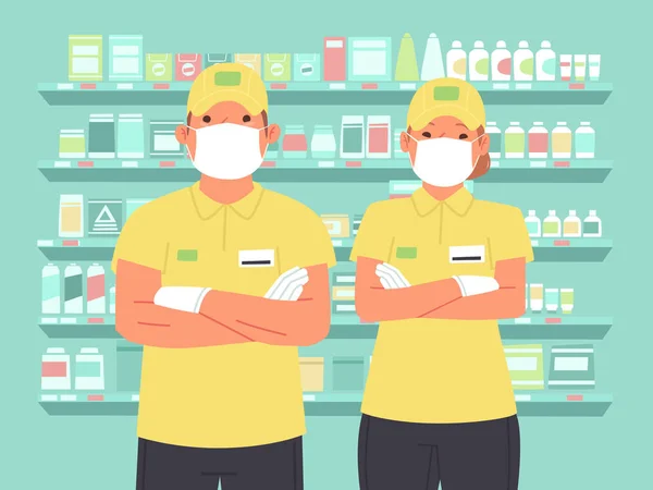 Supermarktmedewerkers Dragen Maskers Beschermende Handschoenen Levensmiddelenwinkel Arbeiders Man Vrouw Uniform — Stockvector