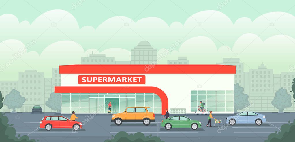 Supermarket building in the background of the city. Large grocery store with parking and cars. People shop for goods, go for groceries. Vector illustration in flat style