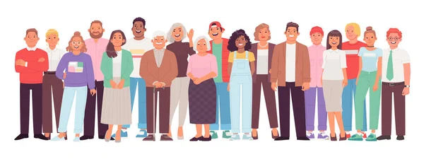 Beyaz arka plana karşı farklı ve çok kültürlü insanlar. Mutlu karakterlerden oluşan bir kalabalık, genç, yetişkin ve yaşlı erkekler ve kadınlar. Düz biçimli vektör illüstrasyonu