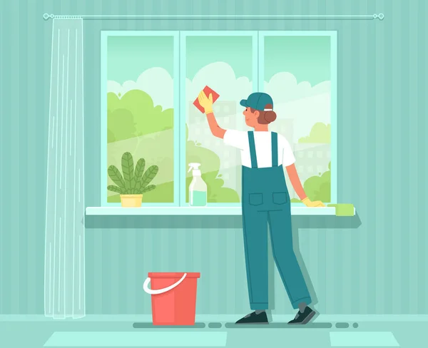 清掃サービス 制服を着た女性が洗剤で窓を洗う 家やアパートの掃除 平型ベクトルイラスト — ストックベクタ
