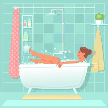 Mutlu kadın banyoda tuz ve köpükle banyo yapıyor. Günlük hijyen prosedürleri. Düz biçimli vektör illüstrasyonu