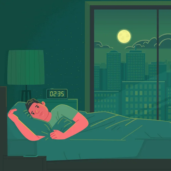 Uykusuzluk Üzgün Yorgun Bir Adam Geceleri Yatakta Yatamaz Stres Endişe — Stok Vektör