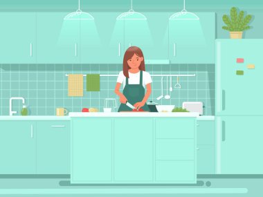 Mutfakta salata hazırlayan tatlı bir kadın. Kahvaltı ya da öğle yemeği için yemek pişirmek. Sağlıklı beslenme. Düz biçimli vektör illüstrasyonu