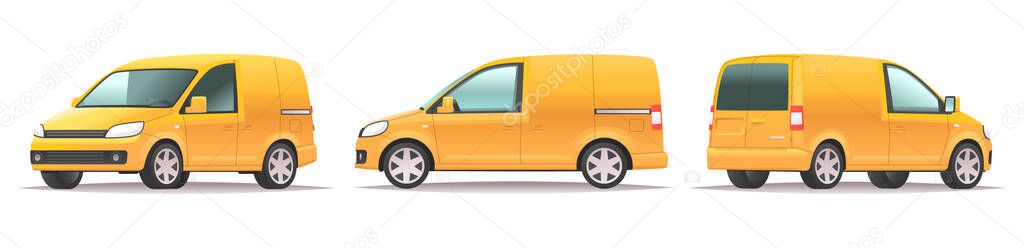 Small cargo van of yellow color, front, side and rear view on a white background. Car for the delivery of goods. Vector illustration in cartoon style