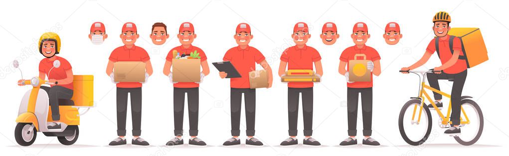 Set of courier character set for mobile application. Food and goods delivery service. The deliveryman rides a scooter and a bicycle and stands with a package or box. Vector illustration in cartoon style