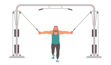 Vücut geliştirici bir eğitim aparatıyla antrenman yapar. Spor salonunda dayanıklılık eğitimi. Düz biçimli vektör illüstrasyonu