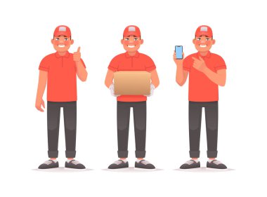 Mutlu bir teslimatçının seti. Kurye hoş bir jest yapıyor, paketi elinde tutuyor ve telefonu işaret ediyor. Teslimat işçisi. Çizgi film tarzında vektör illüstrasyonu
