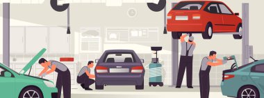 Araba servisi ve onarım. Otomobil atölyesi, tamirci servis araçları. Düz biçimli vektör illüstrasyonu