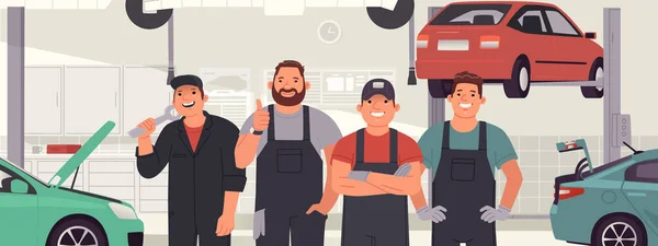 Fröhliches Team Von Automechanikern Vor Dem Hintergrund Eines Autoservice Arbeiter — Stockvektor