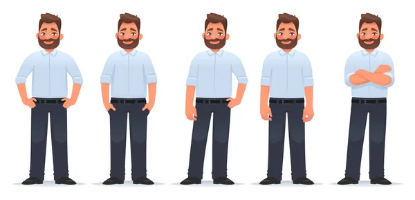 Set Character Happy Bearded Man Different Poses Classic Clothes Vector — Stock Vector