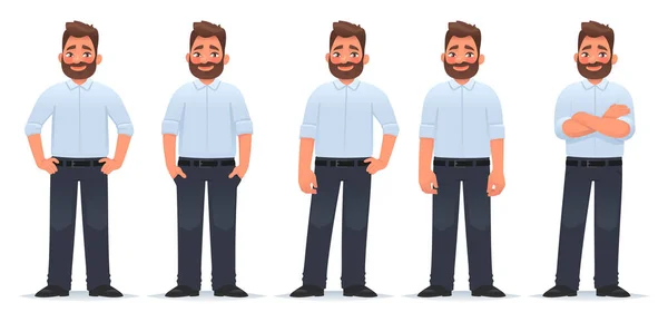 Conjunto Caráter Homem Barbudo Feliz Poses Diferentes Roupas Clássicas Ilustração — Vetor de Stock