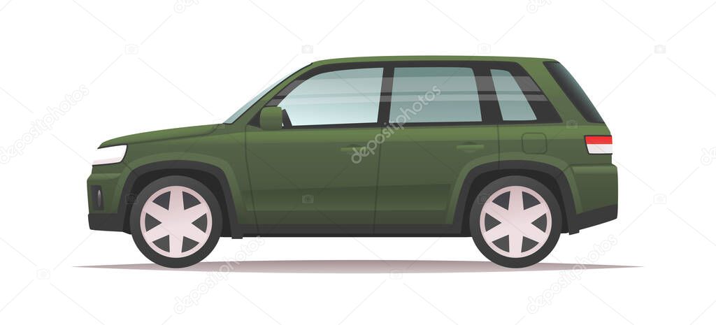 Green SUV car side view on a white background. Great family vehicle. Vector illustration in cartoon style