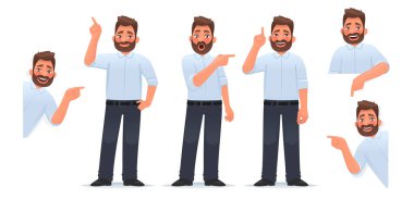 Set of a man character pointing his finger in different directions, up and down and looking out. A businessman with joyful emotions points at something. Vector illustration in cartoon style clipart