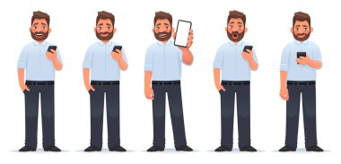 Akıllı telefonu olan bir adamın karakteri. Çeşitli duyguları olan bir işadamı bir cihaz kullanır, ekranı gösterir. Bir başvuru ya da internet hizmeti reklamı. Çizgi film tarzında vektör illüstrasyonu
