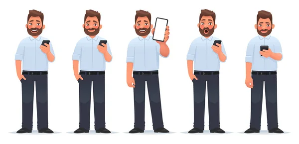 Ensemble Caractère Homme Avec Smartphone Homme Affaires Avec Diverses Émotions — Image vectorielle