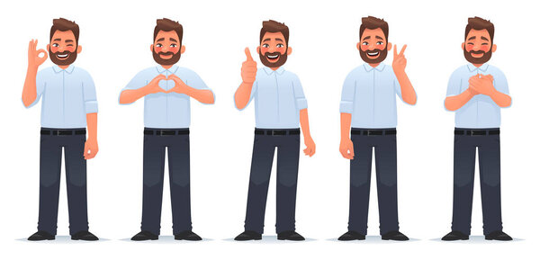 Набор положительных и одобрительных жестов. Счастливый человек показывает жест благодарности, хорошо, круто, сердце и победа. Векторная иллюстрация в стиле мультфильма