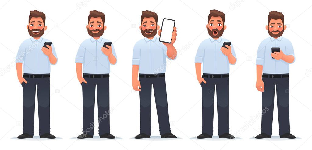 Set of character of a man with a smartphone. A businessman with various emotions uses a gadget, shows the screen. Advertising an application or online service. Vector illustration in cartoon style