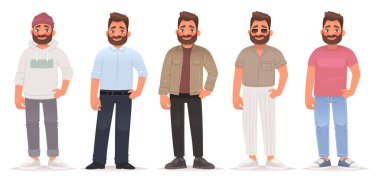 Genç bir adamın modaya uygun kıyafetleri koleksiyonu. Adam modaya uygun kıyafetler, sokak sporları ve iş kıyafetleri giyiyor. Çizgi film tarzında vektör illüstrasyonu