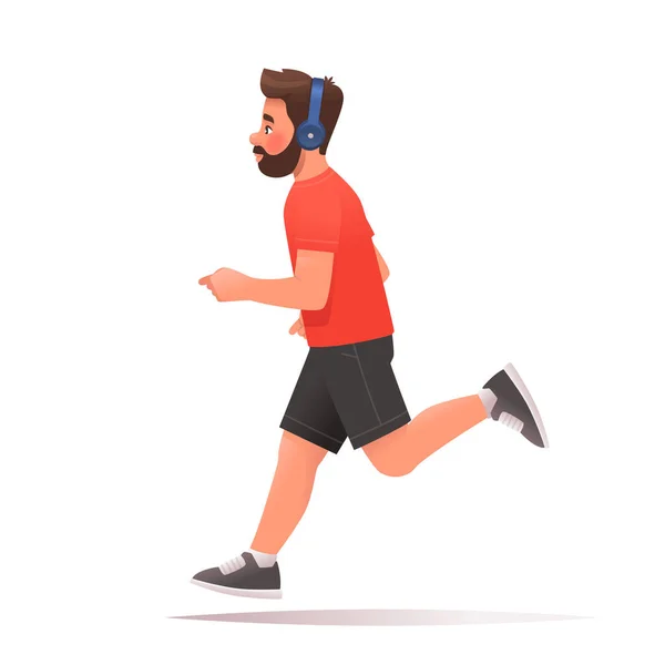 Mutlu Adam Beyaz Bir Arkaplanda Koşuyor Adam Koşarken Kulaklıkla Müzik — Stok Vektör