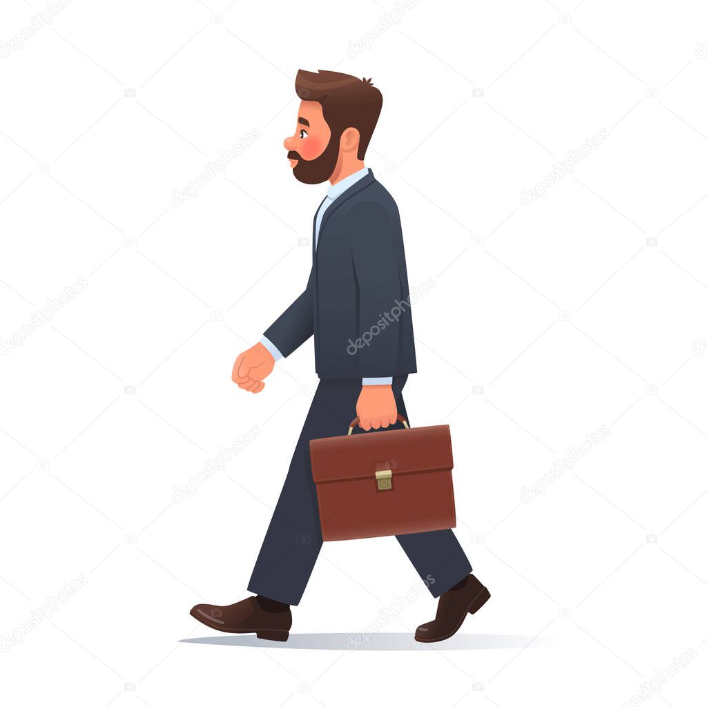 Businessman in a business suit and a briefcase in his hands goes to work on an isolated background. Vector illustration in cartoon style