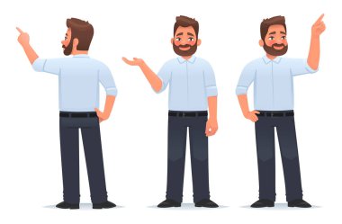 İş adamı bir şey gösterir ve gösterir. Adam parmağını gösterip avucunda bir nesne tutuyor. Çizgi film tarzında vektör illüstrasyonu