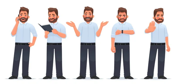 Karakterli, mutlu bir adam. Bir işadamı telefonda konuşuyor, kitap okuyor, seviniyor, saate bakıyor, jesti durdurun. Çizgi film tarzında vektör illüstrasyonu