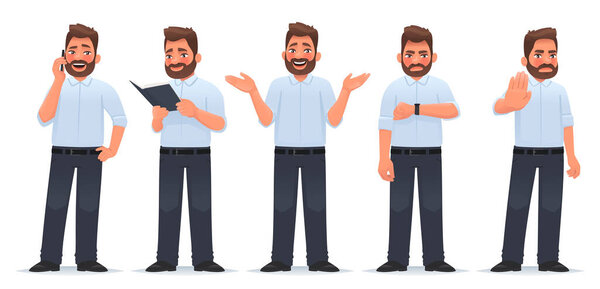 Набор характера счастливый человек. Бизнесмен разговаривает по телефону, читает книгу, радуется, смотрит на время, останавливается. Векторная иллюстрация в стиле мультфильма