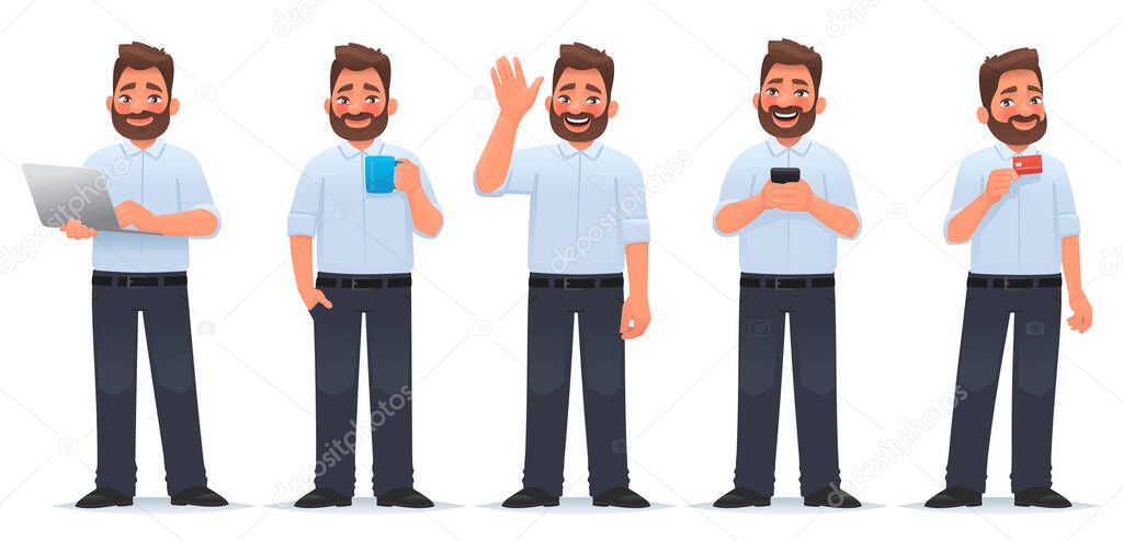 Set of character happy man. A businessman holds a laptop in his hands, a mug of tea, a smartphone, a credit card. Welcome gesture. Hello. Vector illustration in cartoon style